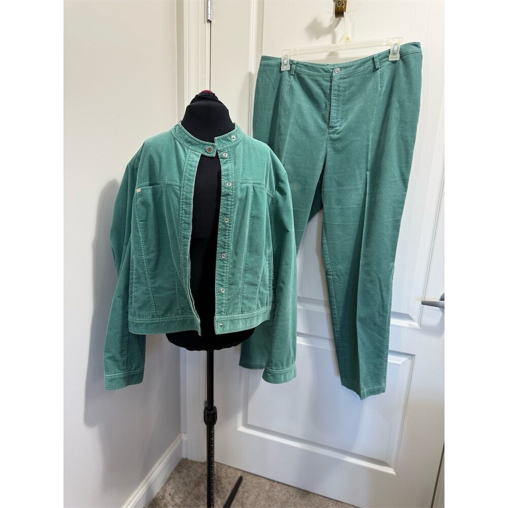 Doncaster corduroy Pant Suit Set Womens Size 18 Teal Green Jacket & Pants 2pc